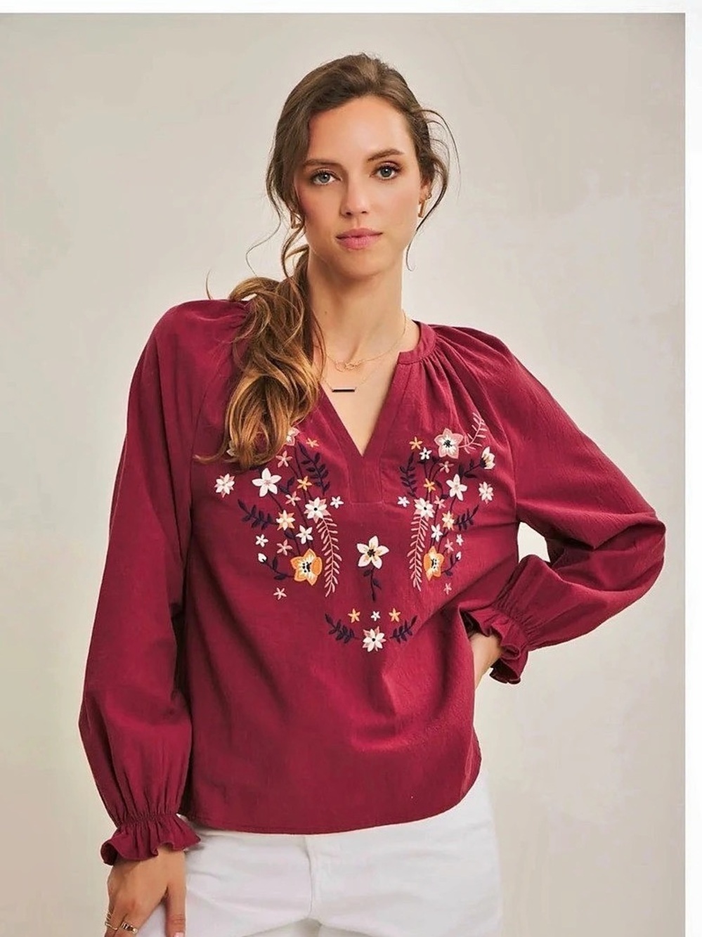 In February Floral Embroidered Blouse in Burgundy